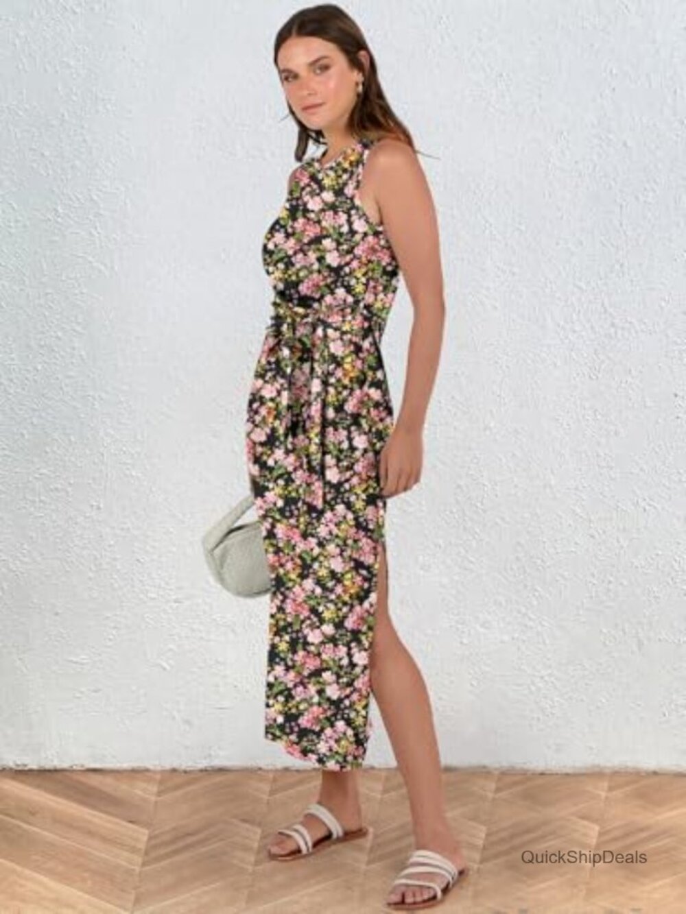 Sleeveless Tank Midi T-Shirt Dress Slim Fit Tie Waist Side Split - Picture 4 of 6